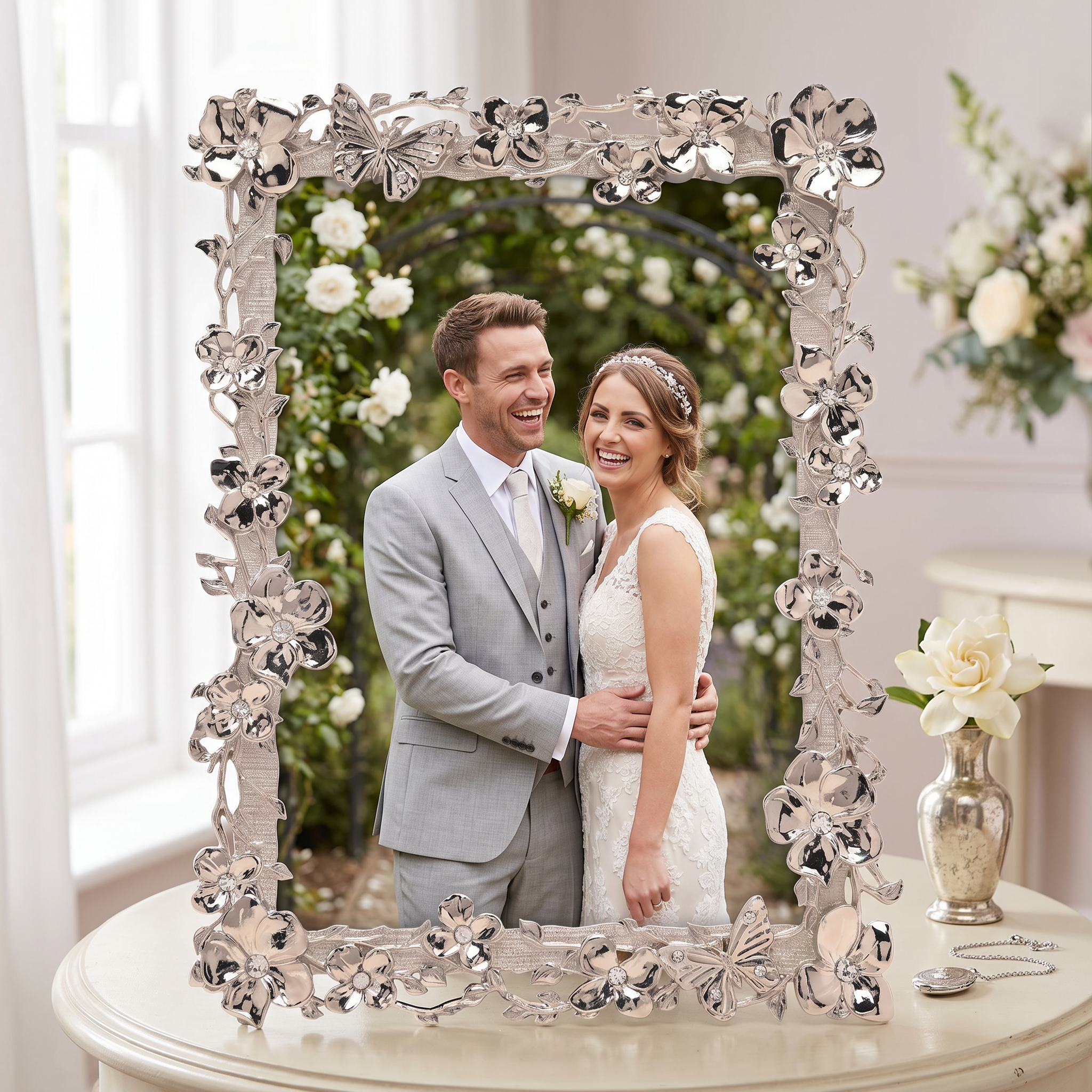 Flower and Butterfly Nickel Plated Photo Frame for Anniversaries Wedding and Valentines photo frame ukgiftstoreonline