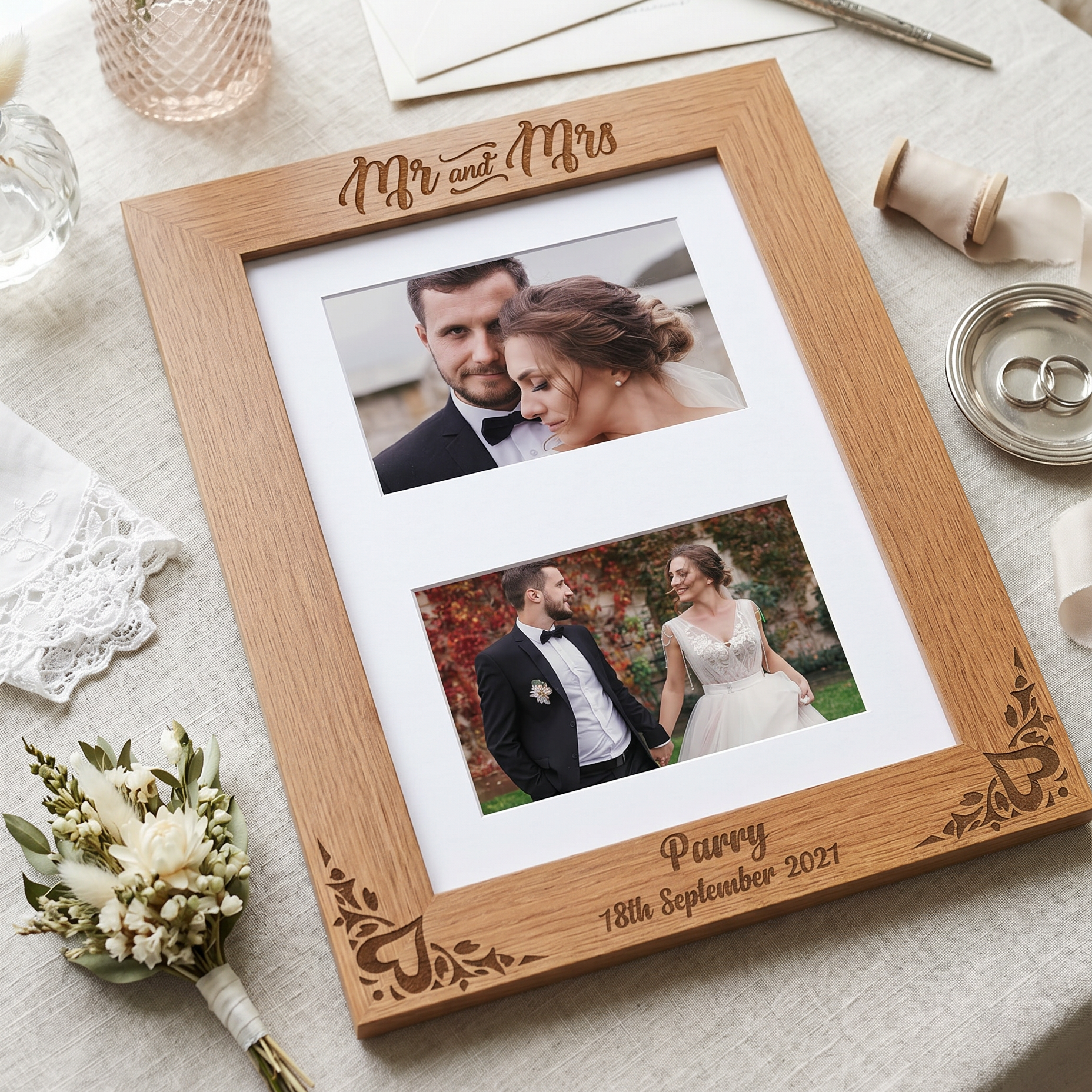 Engraved Wooden Wedding Frame - Personalised Mr and Mrs Double Photo Frame Gift Photo Frame ukgiftstoreonline