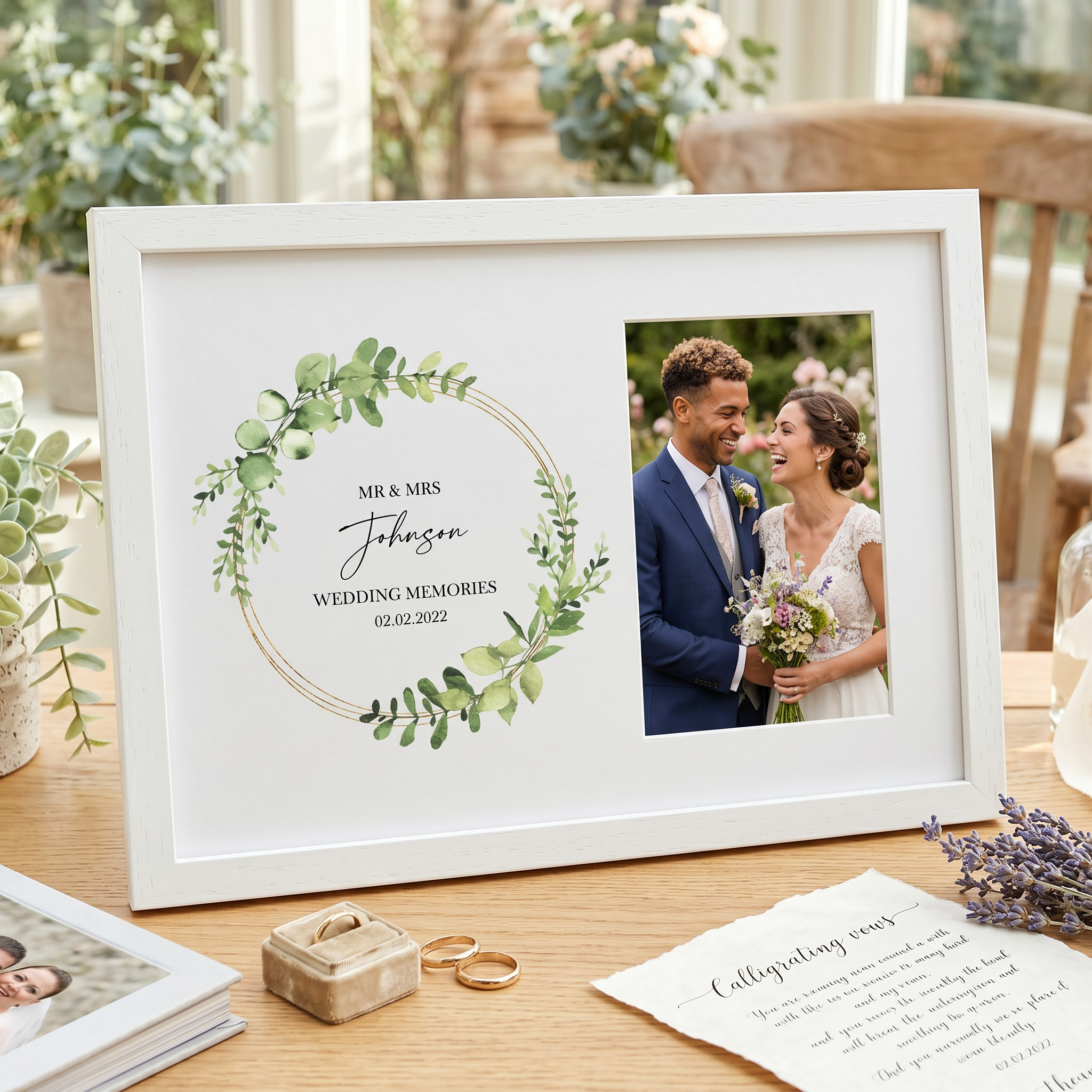 Personalised Wedding Photo Frame Eucalyptus and Gold Wreath personalised photo frames ukgiftstoreonline