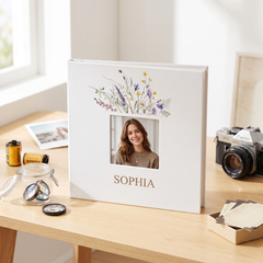 Personalised Any Name Photo Album Large Linen Cover Self Adhesive Pages With Wildflowers