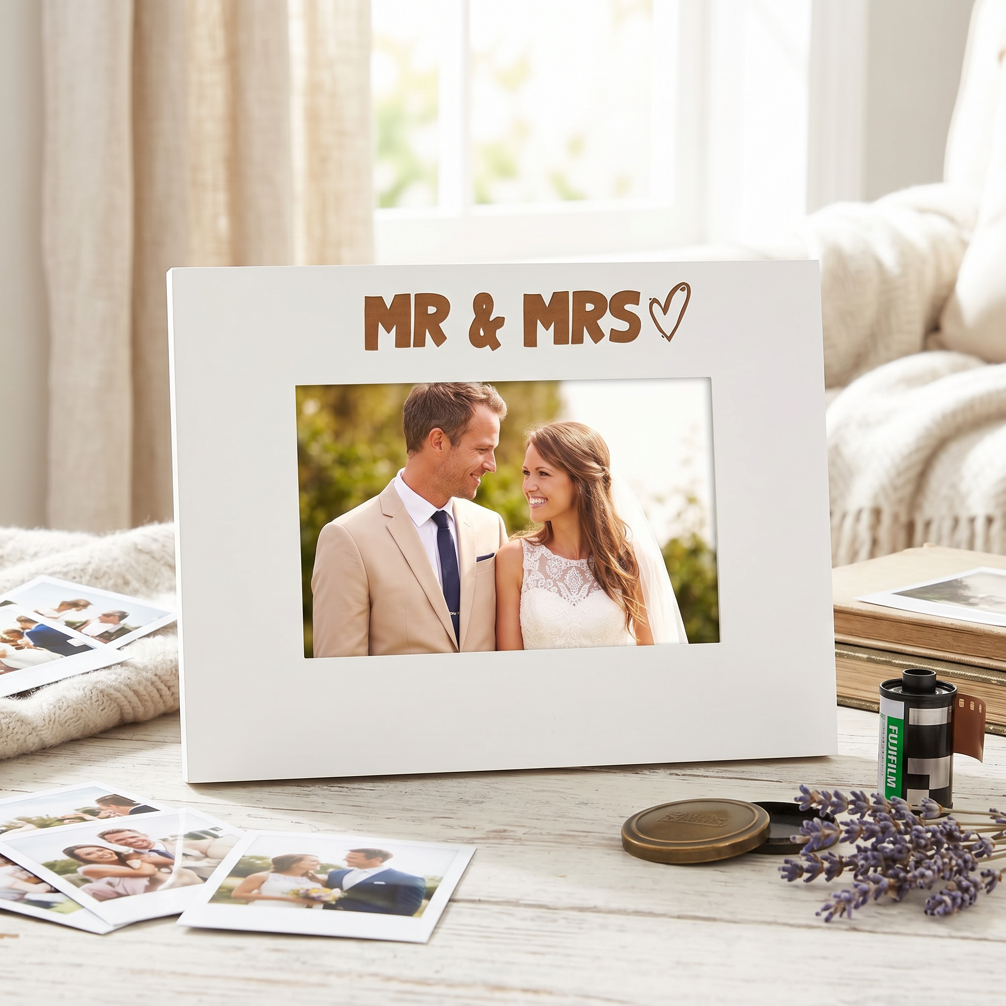 White Engraved Wooden Wedding Picture Photo Frame Mr and Mrs Heart Gift Landscape Photo Frame ukgiftstoreonline