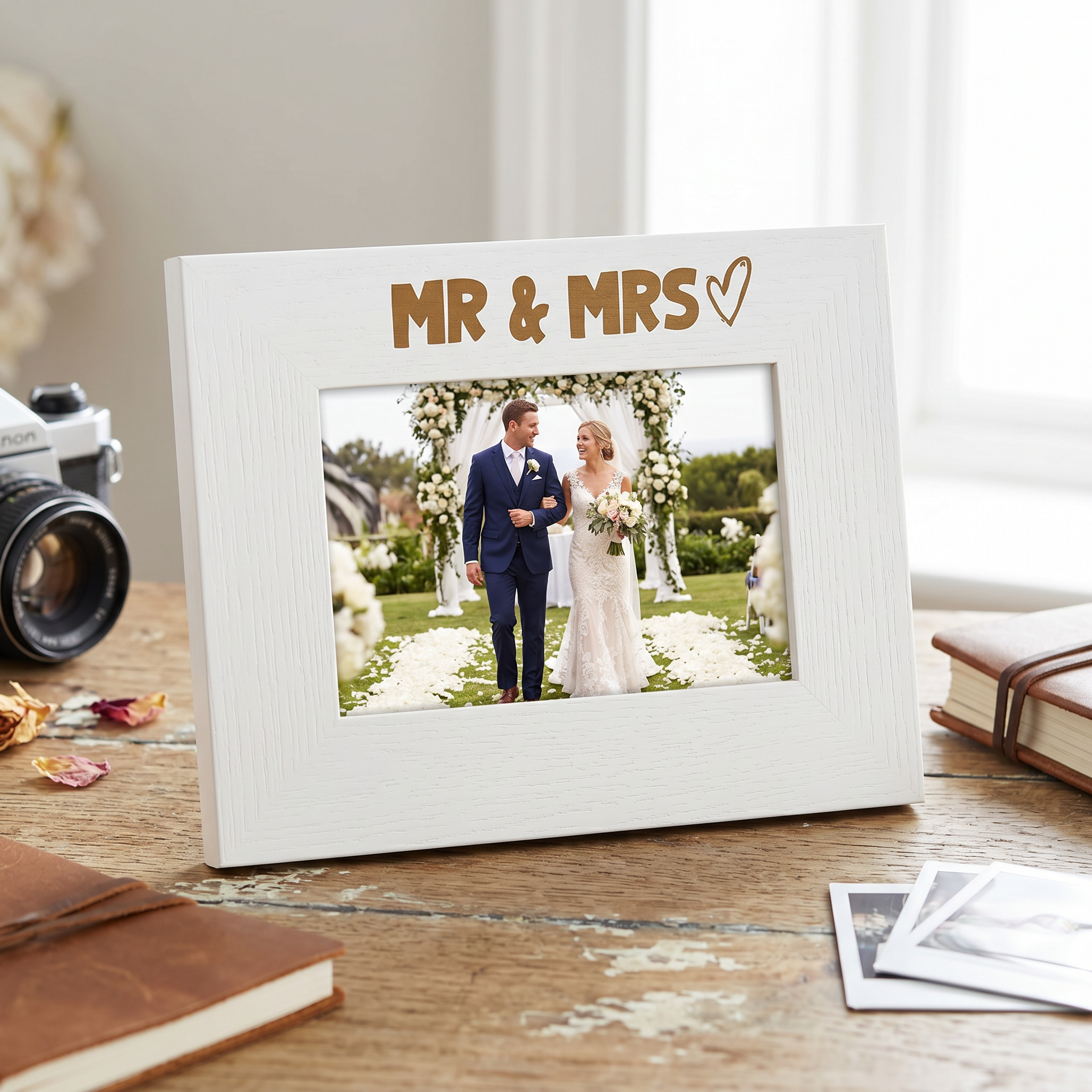 White Engraved Wooden Wedding Picture Photo Frame Mr and Mrs Heart Gift Landscape Photo Frame ukgiftstoreonline