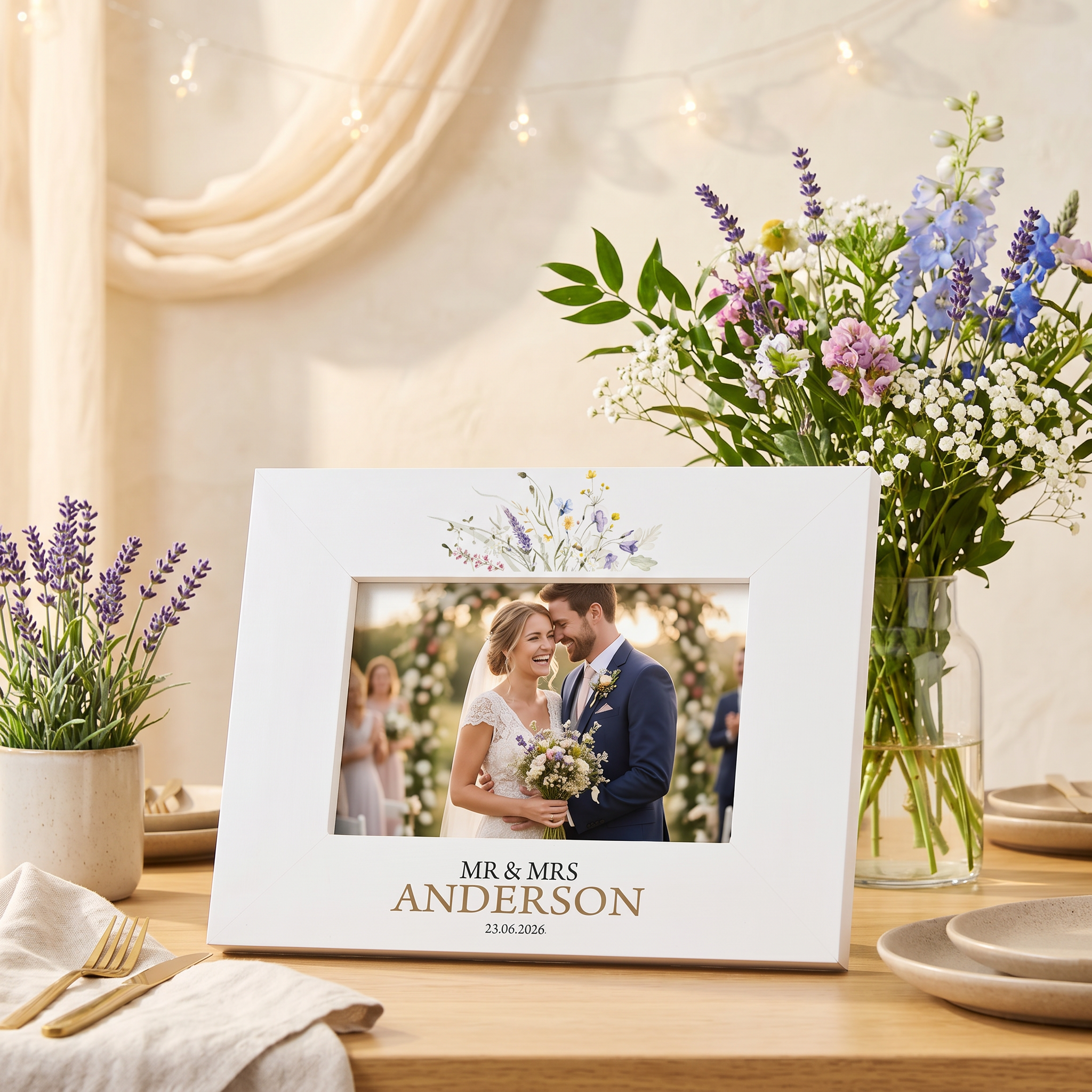Personalised Wedding Day Photo Frame Gift for Couple With Bright Floral Wildflowers Photo Frame ukgiftstoreonline