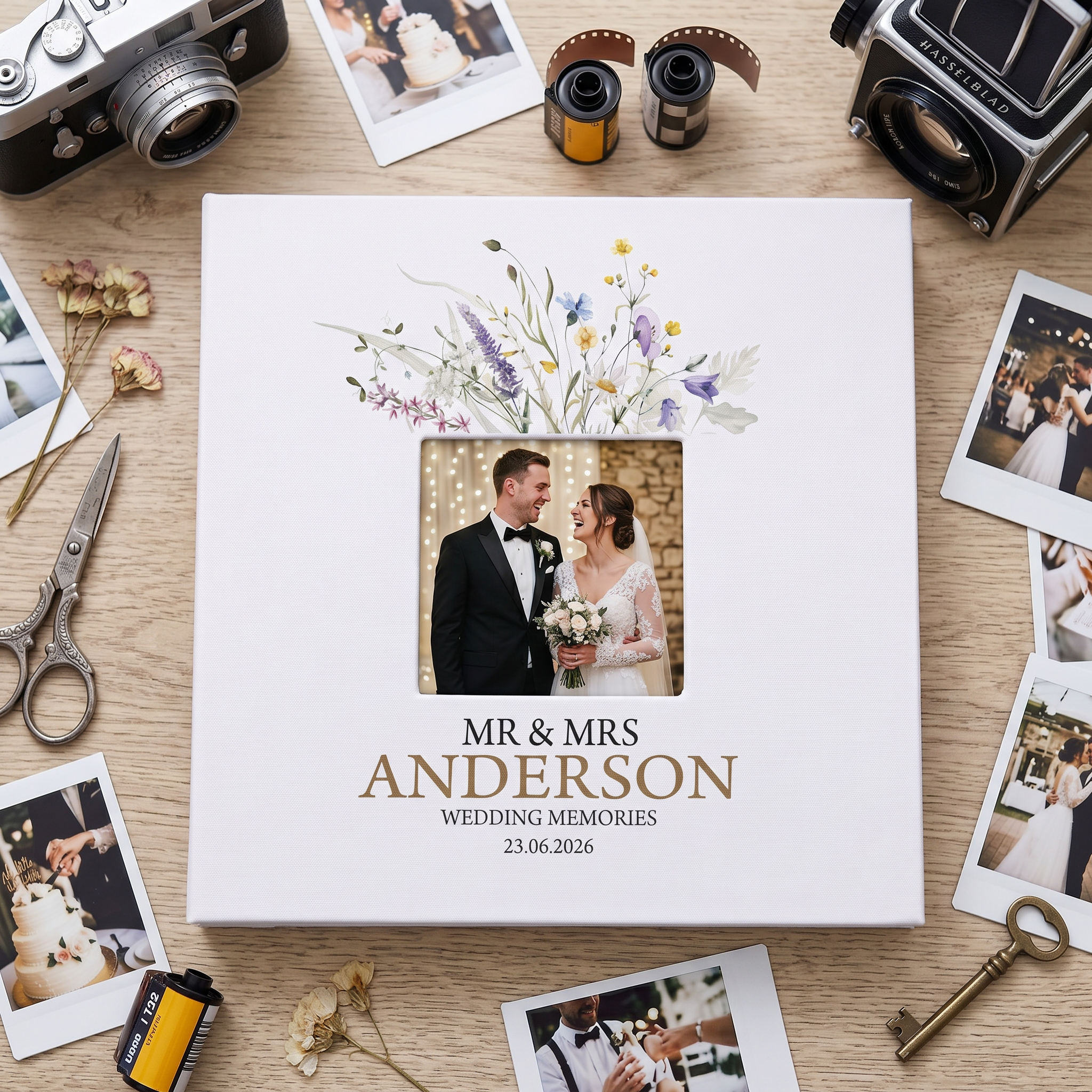Wedding Photo Album Large Linen Cover - Personalised Self Adhesive Pages With Wildflowers photo album ukgiftstoreonline