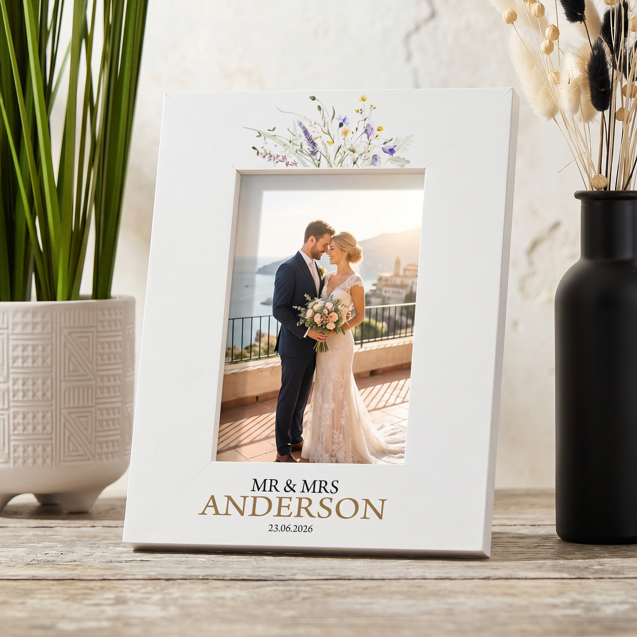Personalised Wedding Day Photo Frame Gift for Couple With Bright Floral Wildflowers Photo Frame ukgiftstoreonline