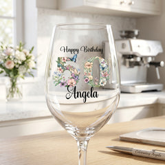 Personalised Birthday Wine Glass Gift for Her | 18th 21st 30th 40th 50th 60th With Floral Numbers wine glass ukgiftstoreonline