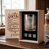 Personalised Any Year and name Whisky Gift Set Stones & Tumbler Glass Engraved Personalised Whisky Stones ukgiftstoreonline