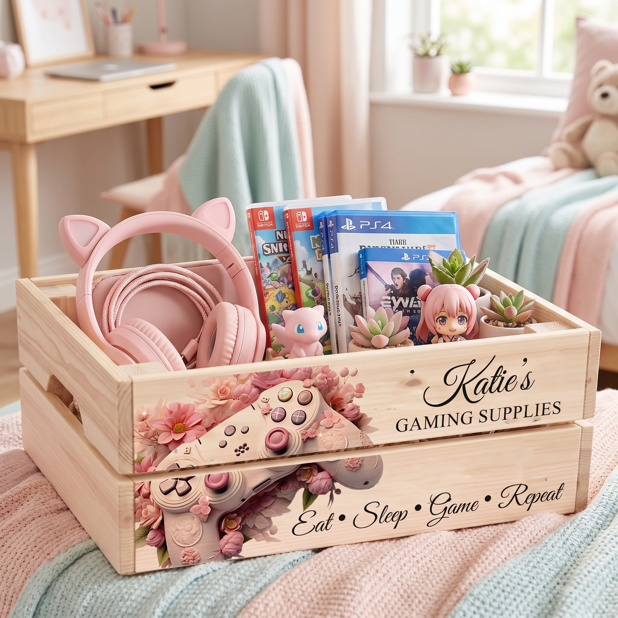 Personalised Gamer Storage Box - Custom Kids Room Storage Crate for Girls ukgiftstoreonline