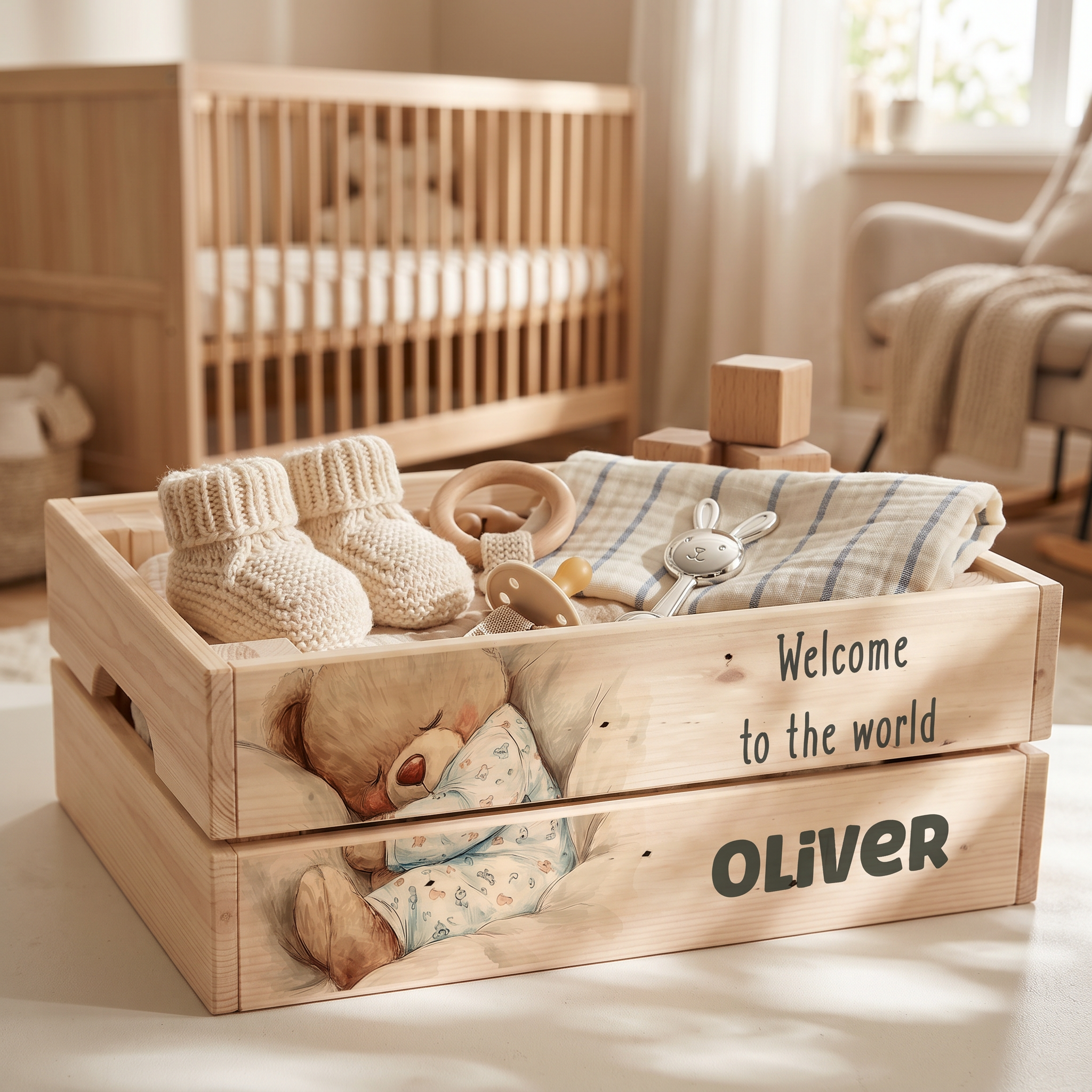 Personalised Baby Wood Crate | Custom Baby Gift Storage Box & Keepsake Hamper ukgiftstoreonline