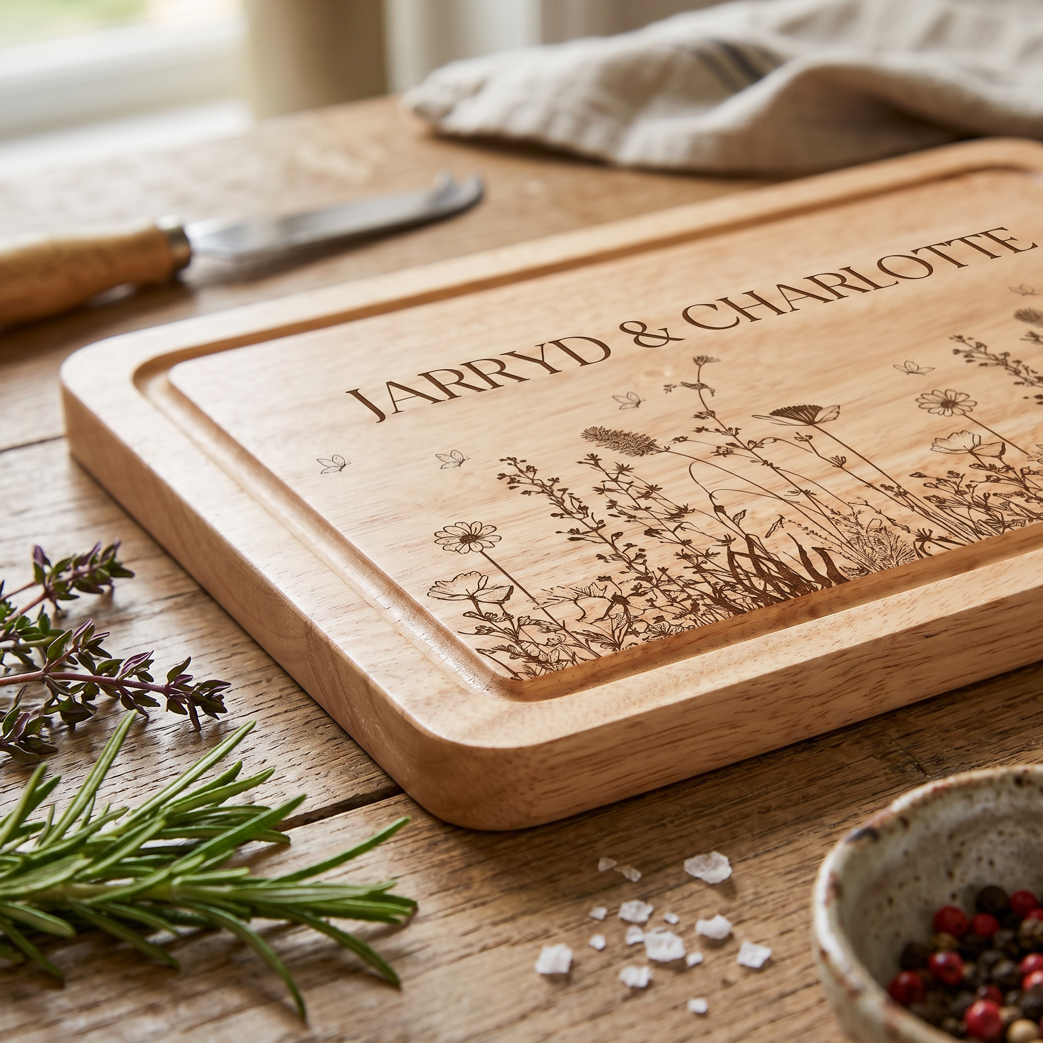 Wildflower Engraved Solid Wooden Chopping Board with Optional Personalisation For Any Occasion chopping Board ukgiftstoreonline