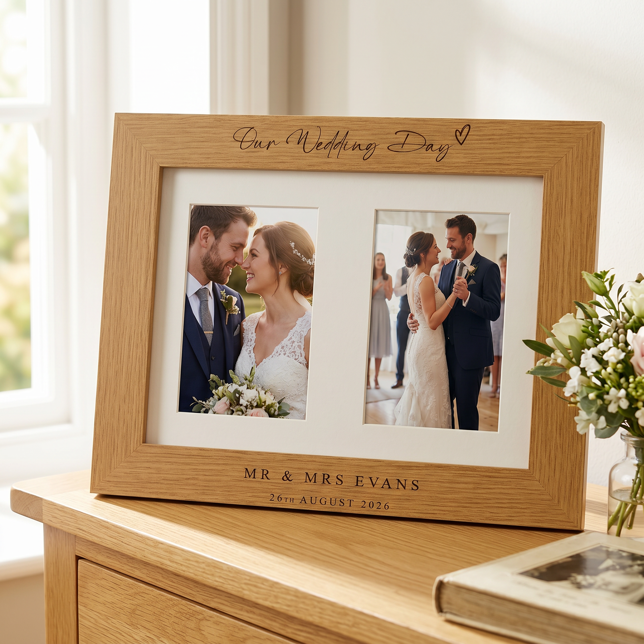 Personalised Wedding Day Engraved Wooden Double Photo Frame Gift For Couple personalised photo frames ukgiftstoreonline