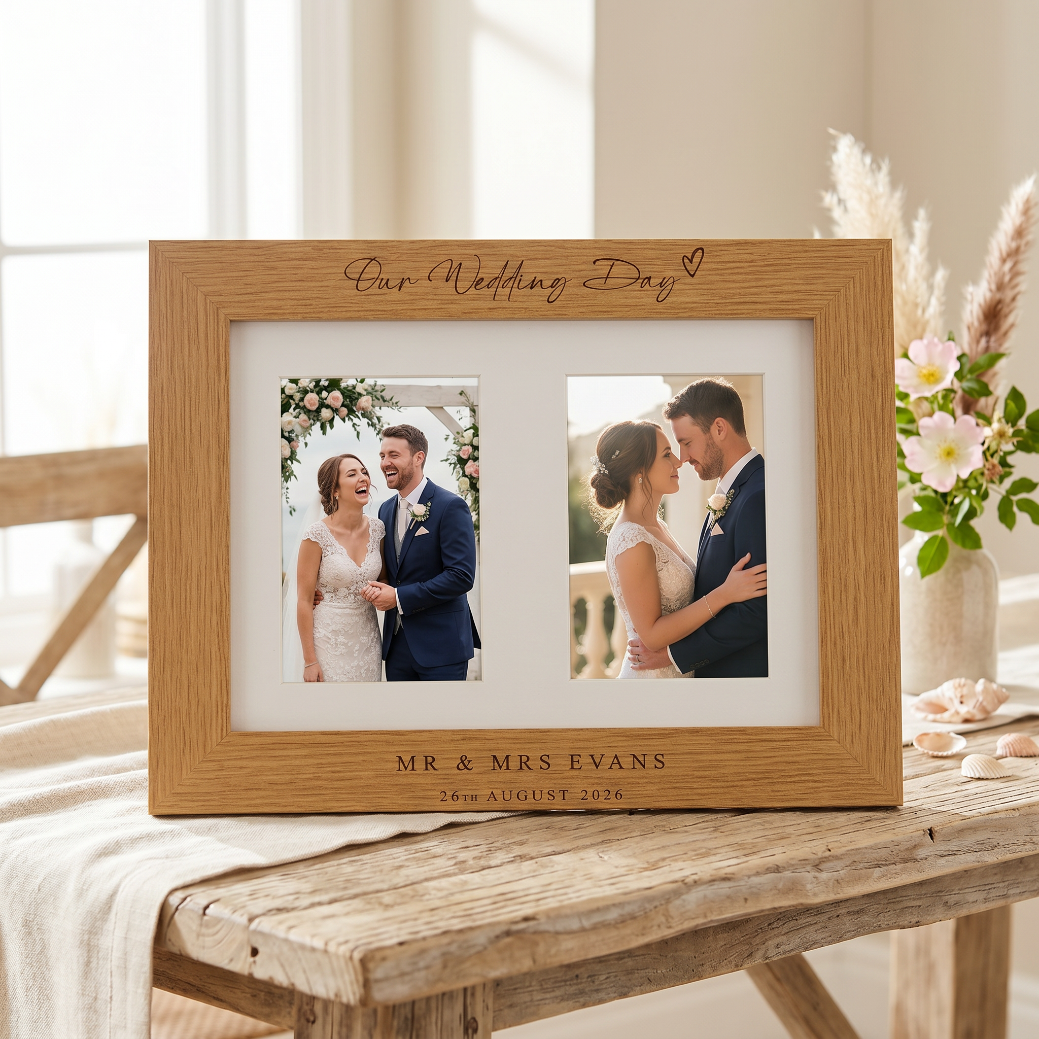 Personalised Wedding Day Engraved Wooden Double Photo Frame Gift For Couple personalised photo frames ukgiftstoreonline