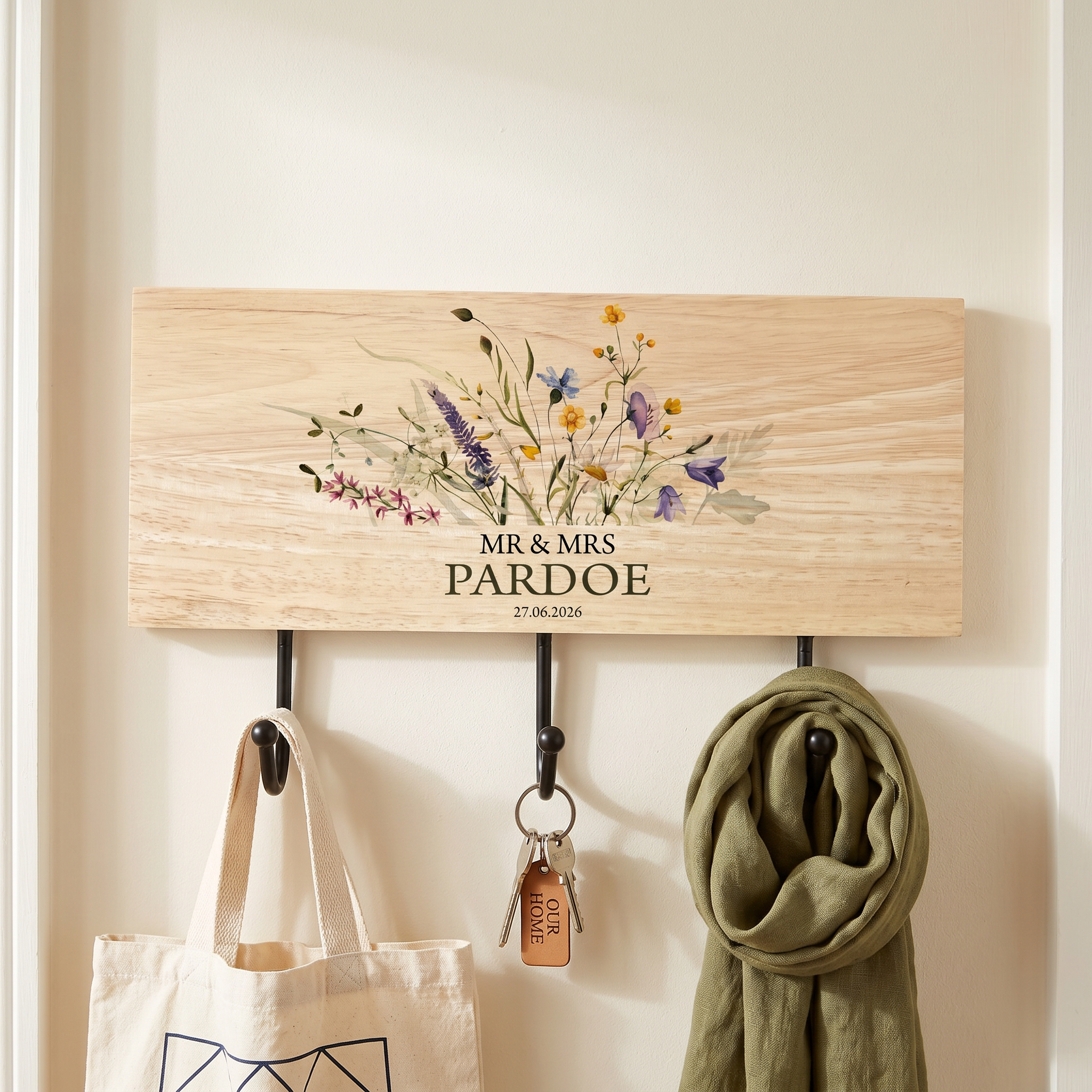 Personalised Wedding Gift Wooden Key or Coat Hook For Couple Mr and Mrs Floral Design ukgiftstoreonline
