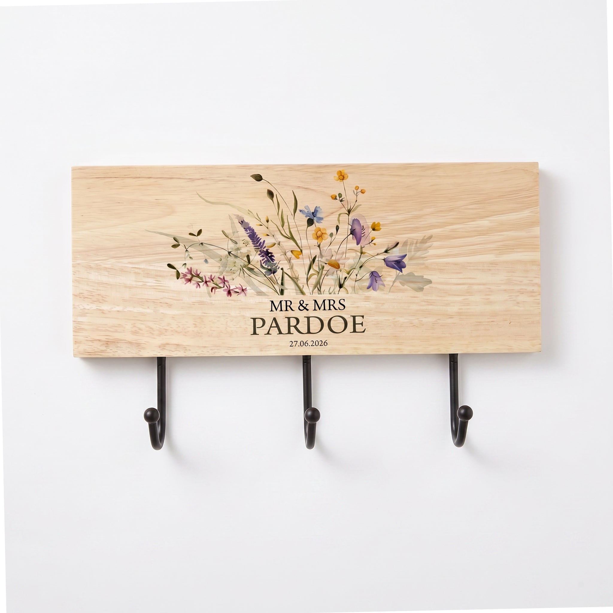 Personalised Wedding Gift Wooden Key or Coat Hook For Couple Mr and Mrs Floral Design ukgiftstoreonline
