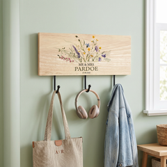 Personalised Wedding Gift Wooden Key or Coat Hook For Couple Mr and Mrs Floral Design ukgiftstoreonline