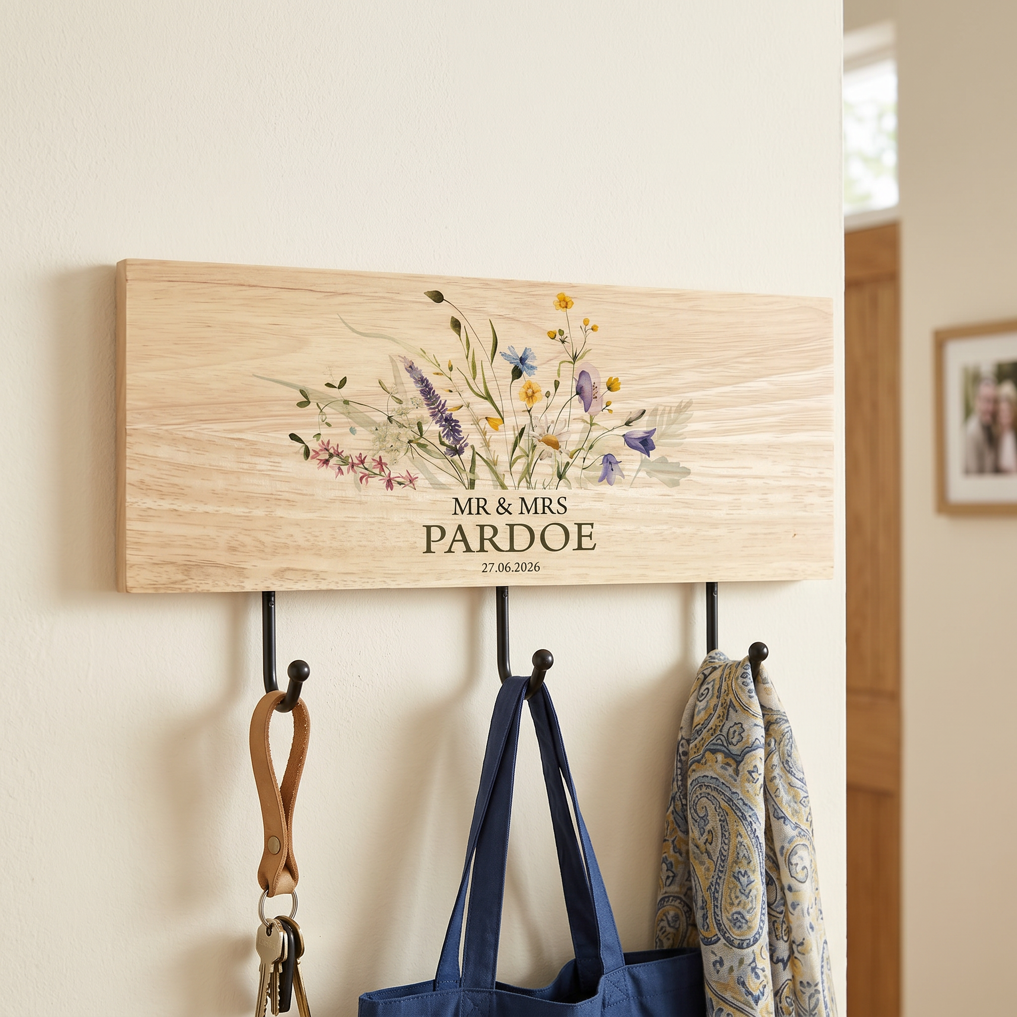 Personalised Wedding Gift Wooden Key or Coat Hook For Couple Mr and Mrs Floral Design ukgiftstoreonline