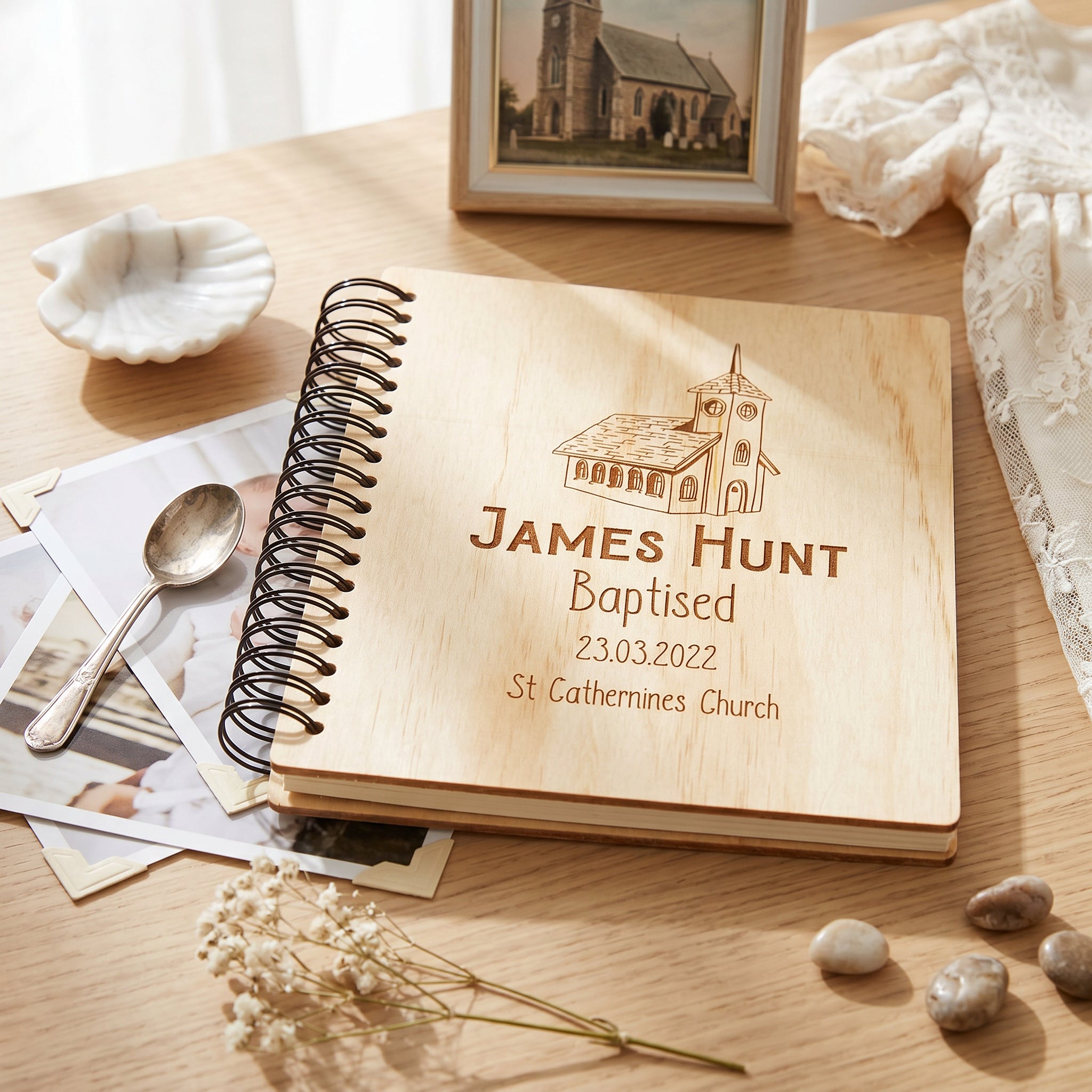 Personalised Baptism Photo Album Church Design Wooden Engraved personalised photo album ukgiftstoreonline