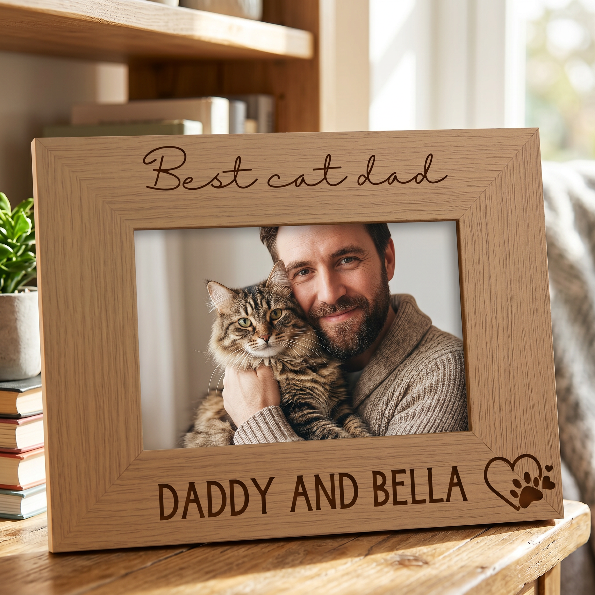 Personalised Best Cat Dad Photo Frame Gift Engraved Oak Wood Finish Pet Photo Frame ukgiftstoreonline