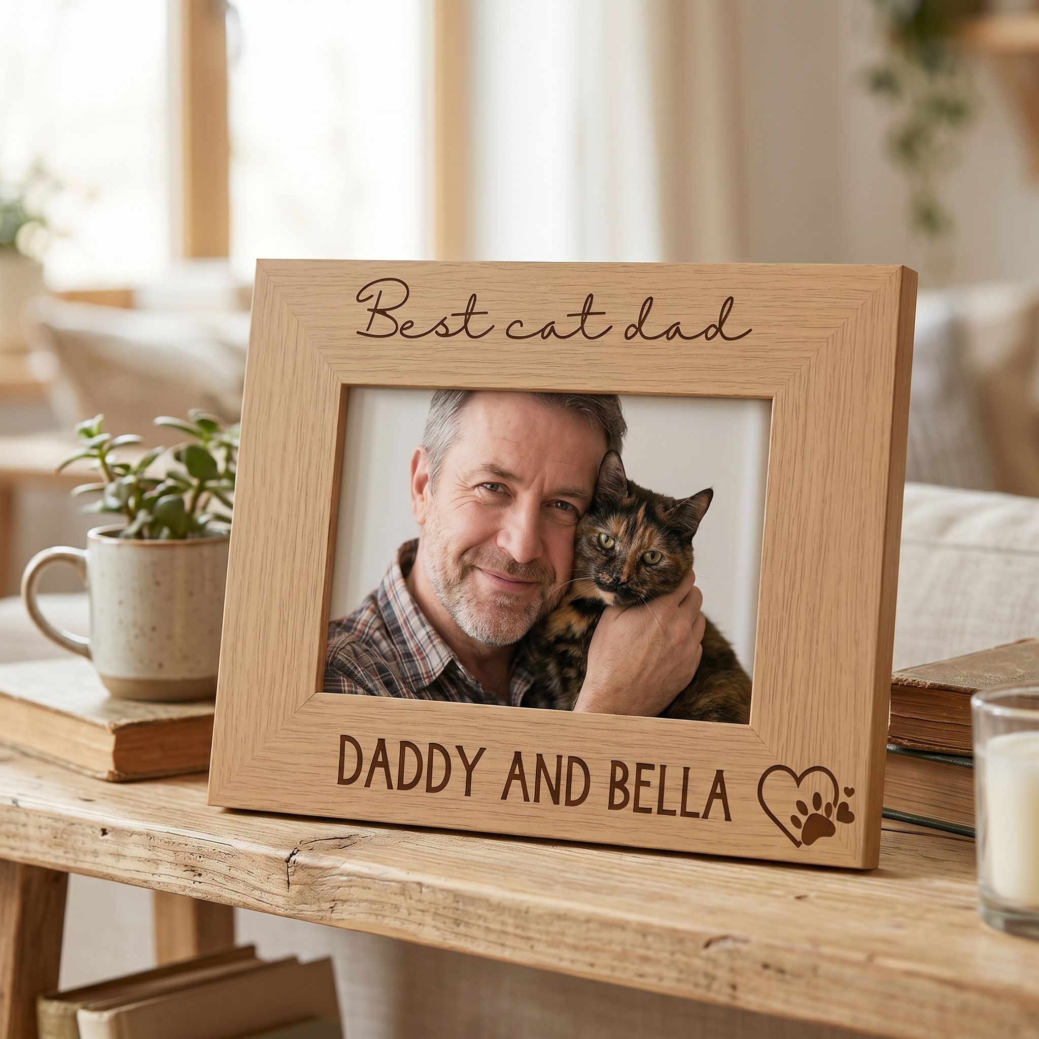 Personalised Best Cat Dad Photo Frame Gift Engraved Oak Wood Finish Pet Photo Frame ukgiftstoreonline