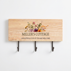 Personalised Solid Wood Key or Coat Hook For New Home, Summer House Floral Design ukgiftstoreonline