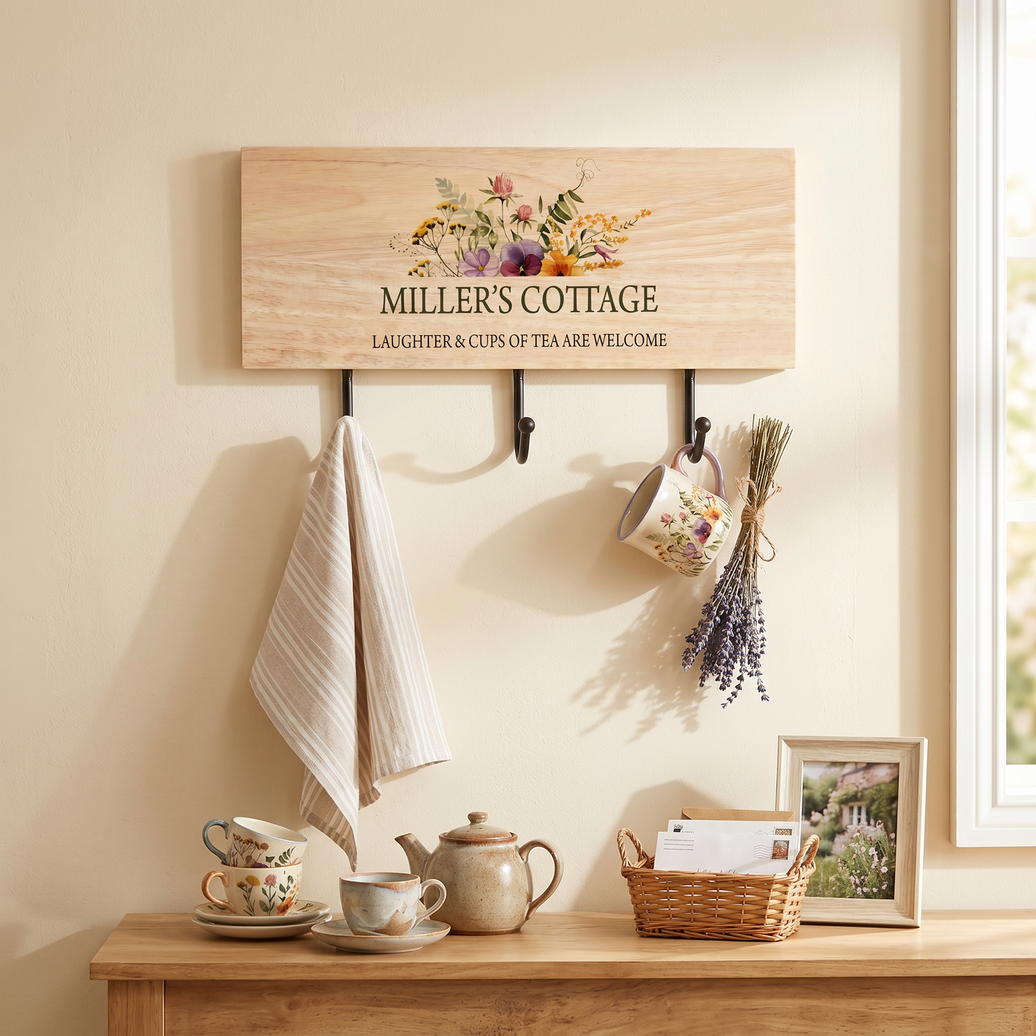 Personalised Solid Wood Key or Coat Hook For New Home, Summer House Floral Design ukgiftstoreonline