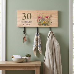 Personalised Solid Wood Key or Coat Hook Wildflowers House Number and Street Name ukgiftstoreonline