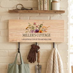 Personalised Solid Wood Key or Coat Hook For New Home, Summer House Floral Design ukgiftstoreonline