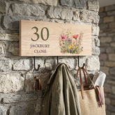 Personalised Solid Wood Key or Coat Hook Wildflowers House Number and Street Name ukgiftstoreonline