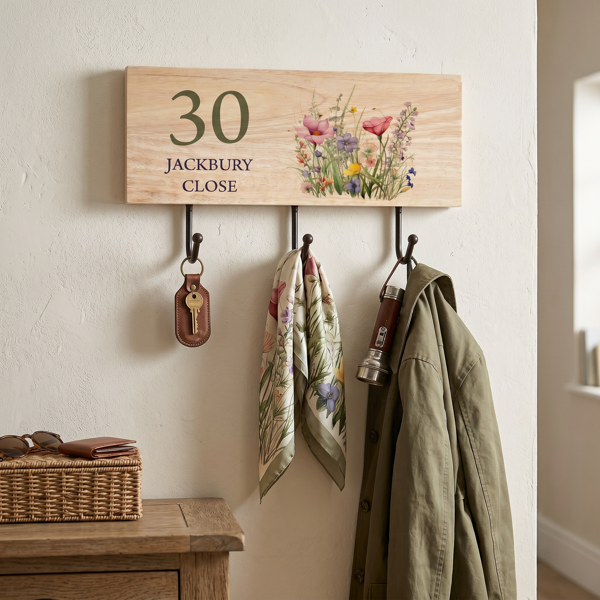 Personalised Solid Wood Key or Coat Hook Wildflowers House Number and Street Name ukgiftstoreonline