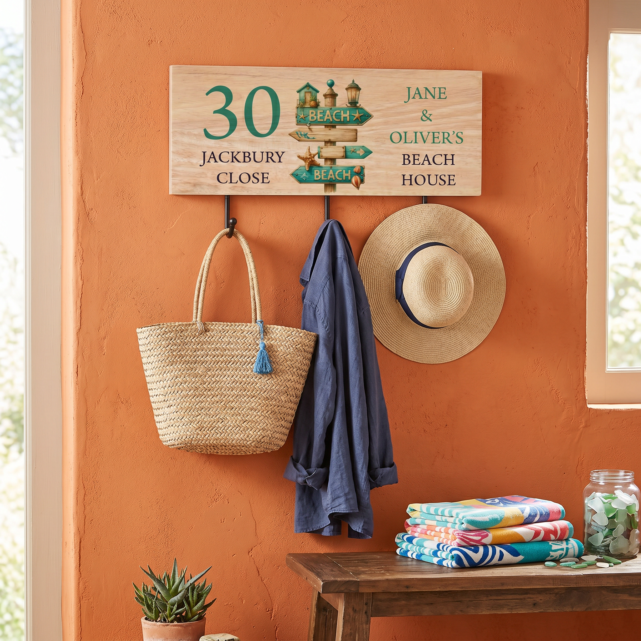 Personalised Solid Wood Key or Coat Hook Seaside Themed Beach House Sign ukgiftstoreonline