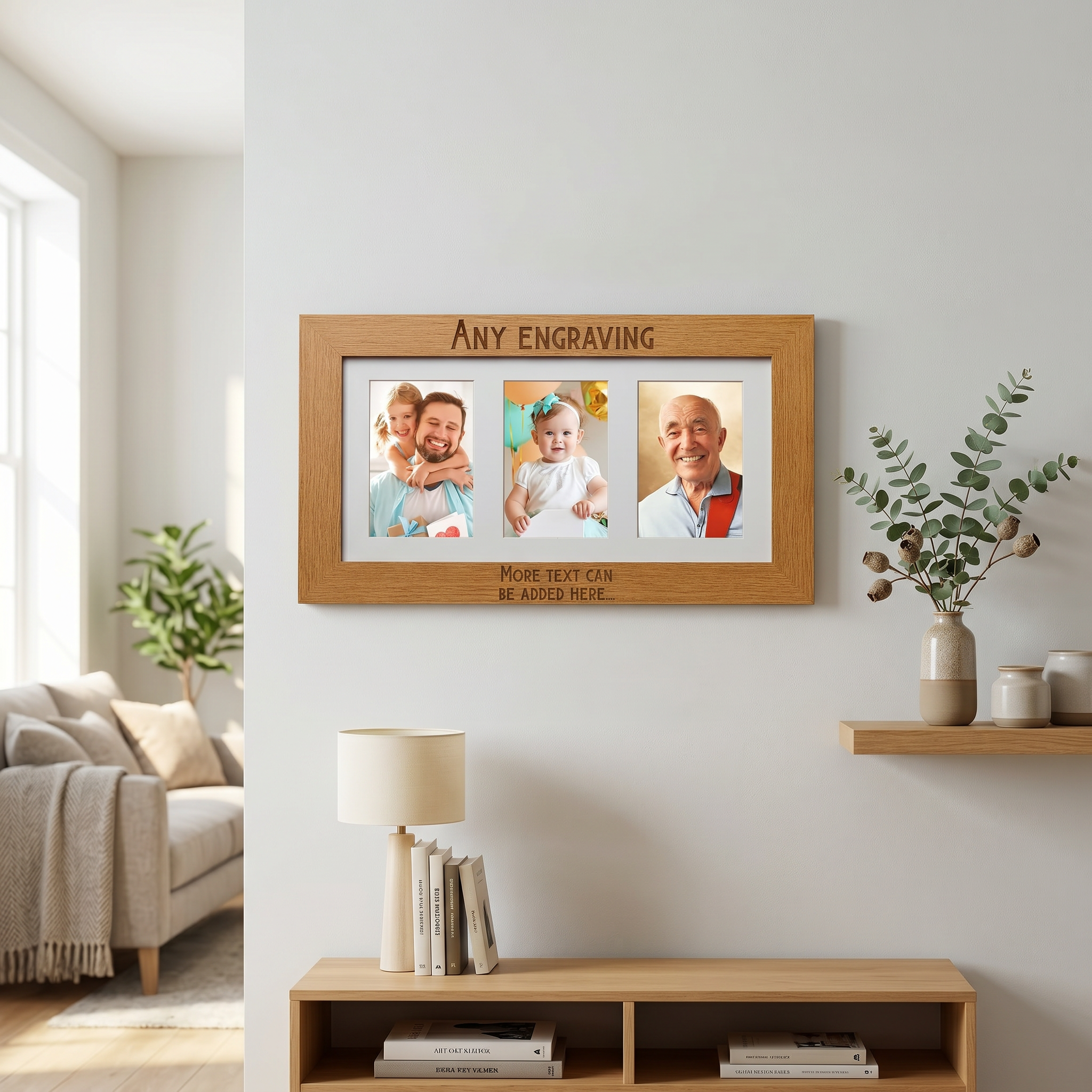 Personalised Wooden Triple Photo 6 x 4 Frame Custom Engraved Any Message In Bold Text Photo Frame ukgiftstoreonline