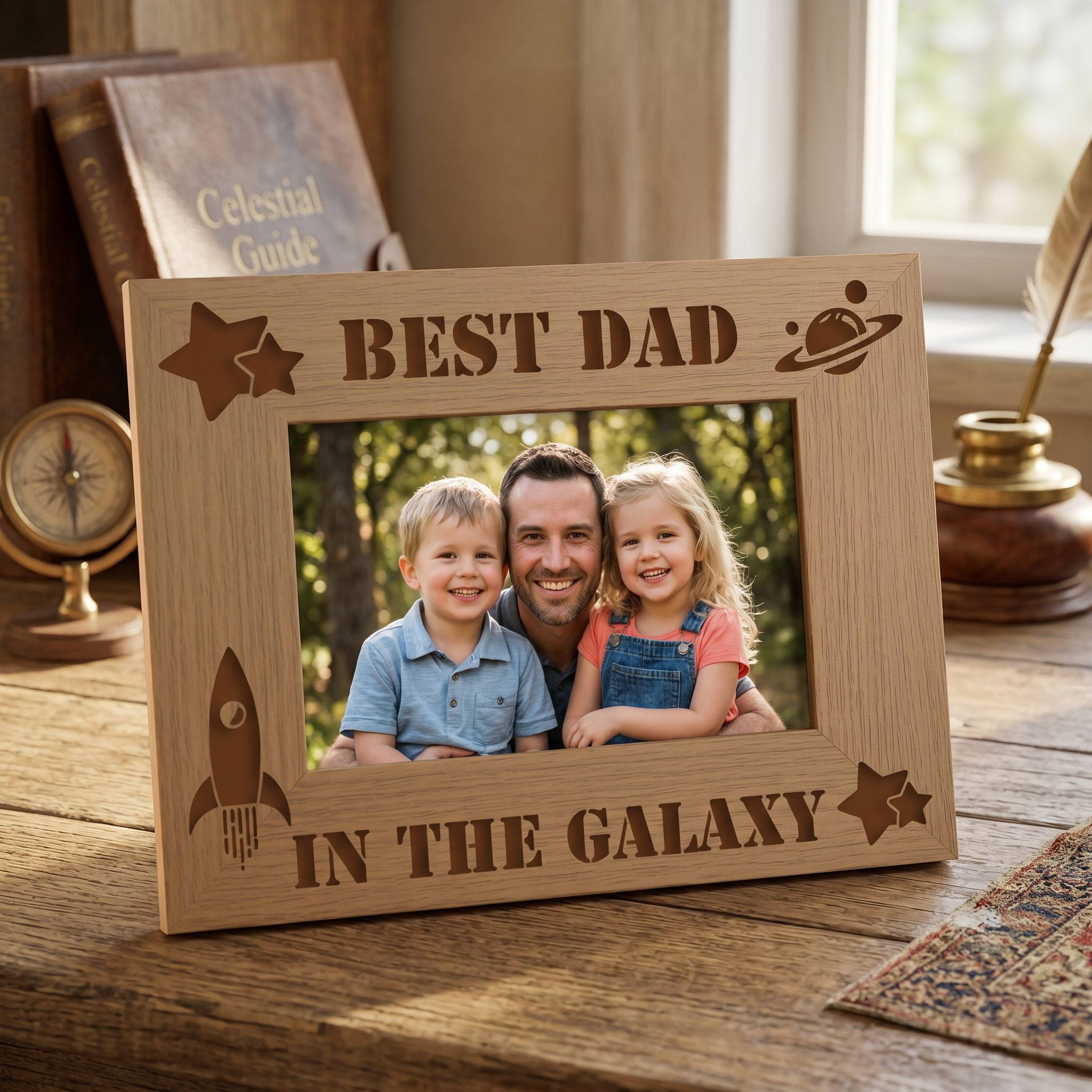 Best Dad In The Galaxy Wooden Engraved Photo Frame Gift For Fathers Day Birthday or Christmas Daddy Photo Frame ukgiftstoreonline