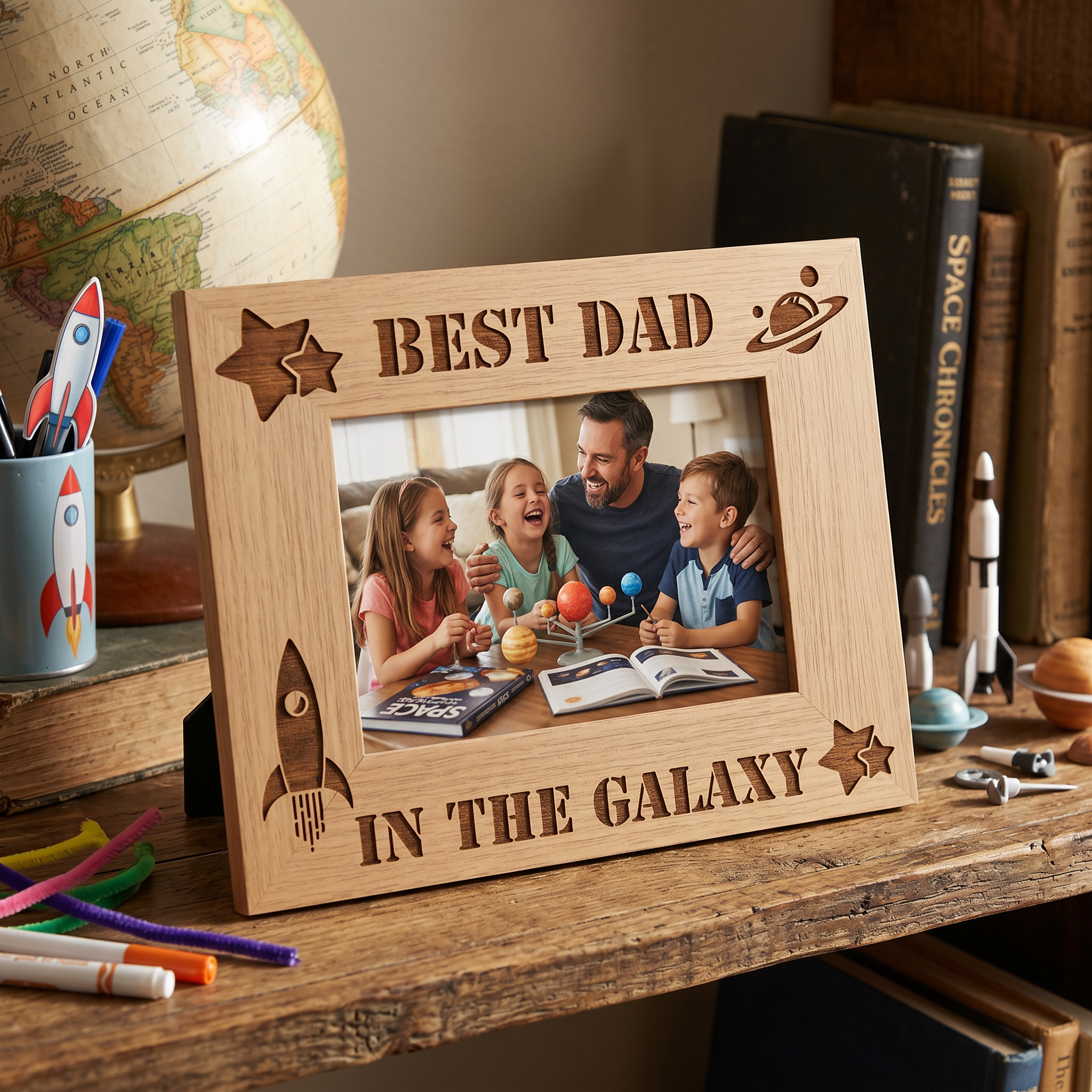 Best Dad In The Galaxy Wooden Engraved Photo Frame Gift For Fathers Day Birthday or Christmas Daddy Photo Frame ukgiftstoreonline