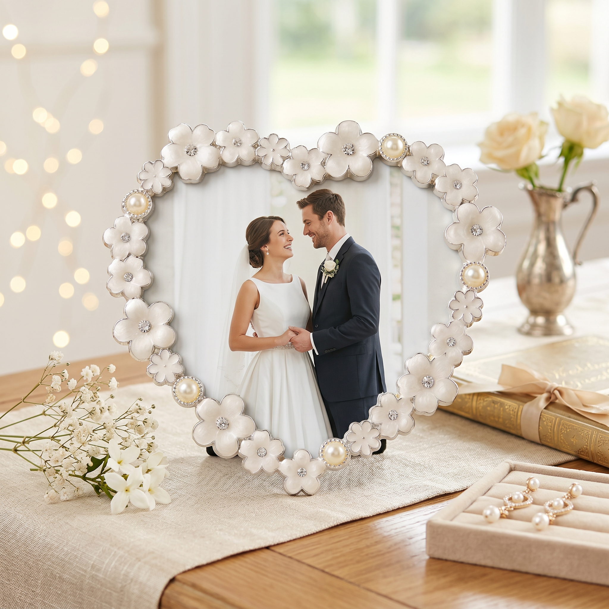 Pearl White Daisy Heart Photo Frame for Anniversaries Wedding and Valentines photo frame ukgiftstoreonline
