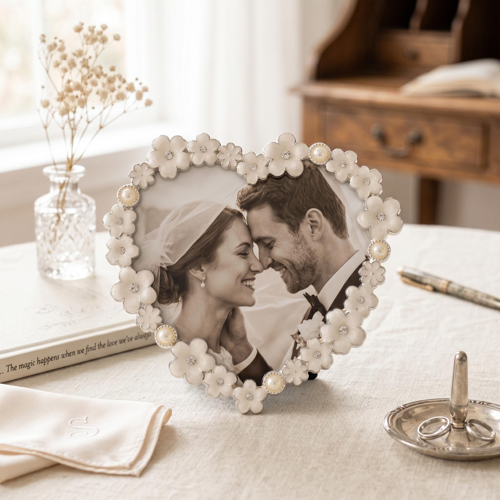 Pearl White Daisy Heart Photo Frame for Anniversaries Wedding and Valentines photo frame ukgiftstoreonline
