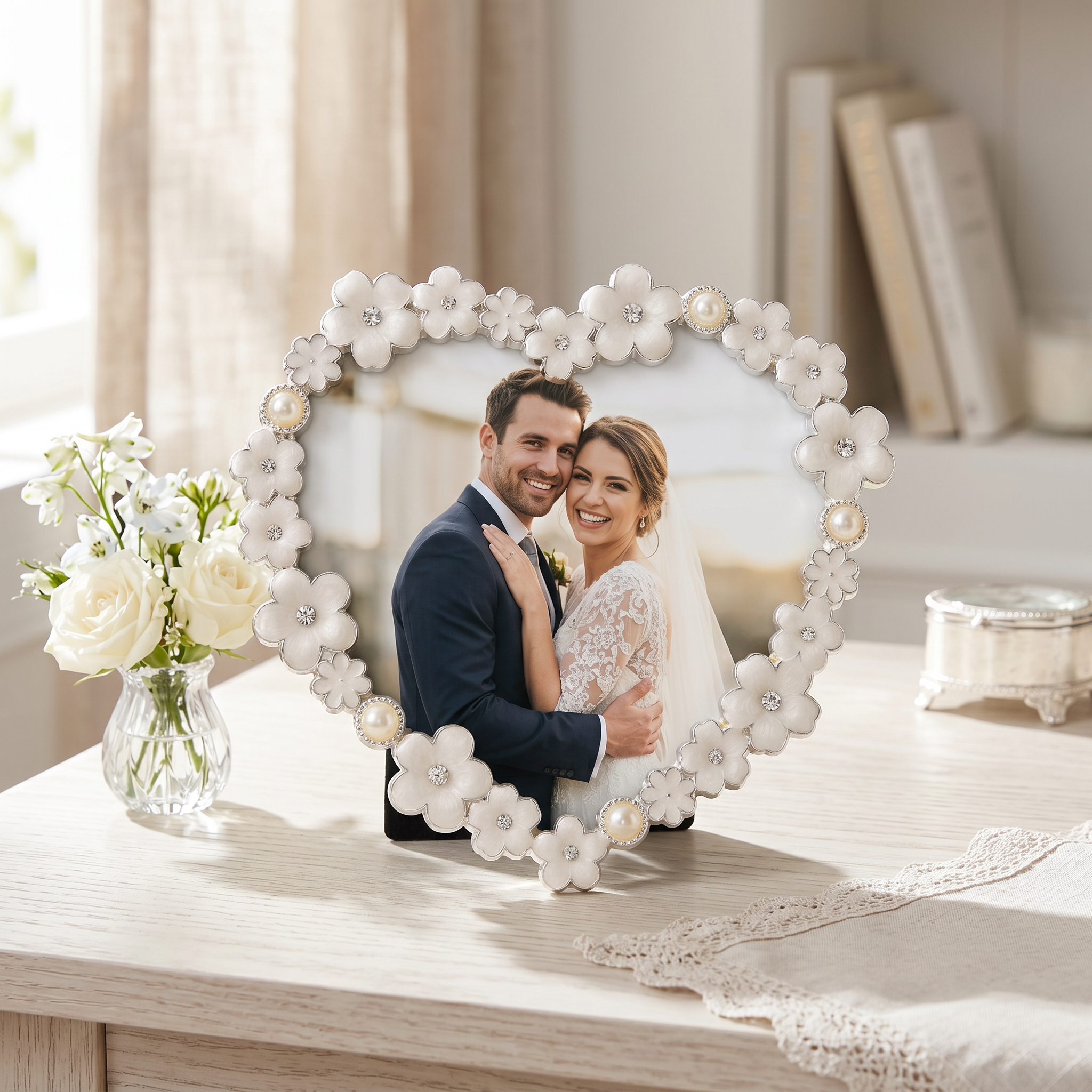 Pearl White Daisy Heart Photo Frame for Anniversaries Wedding and Valentines photo frame ukgiftstoreonline