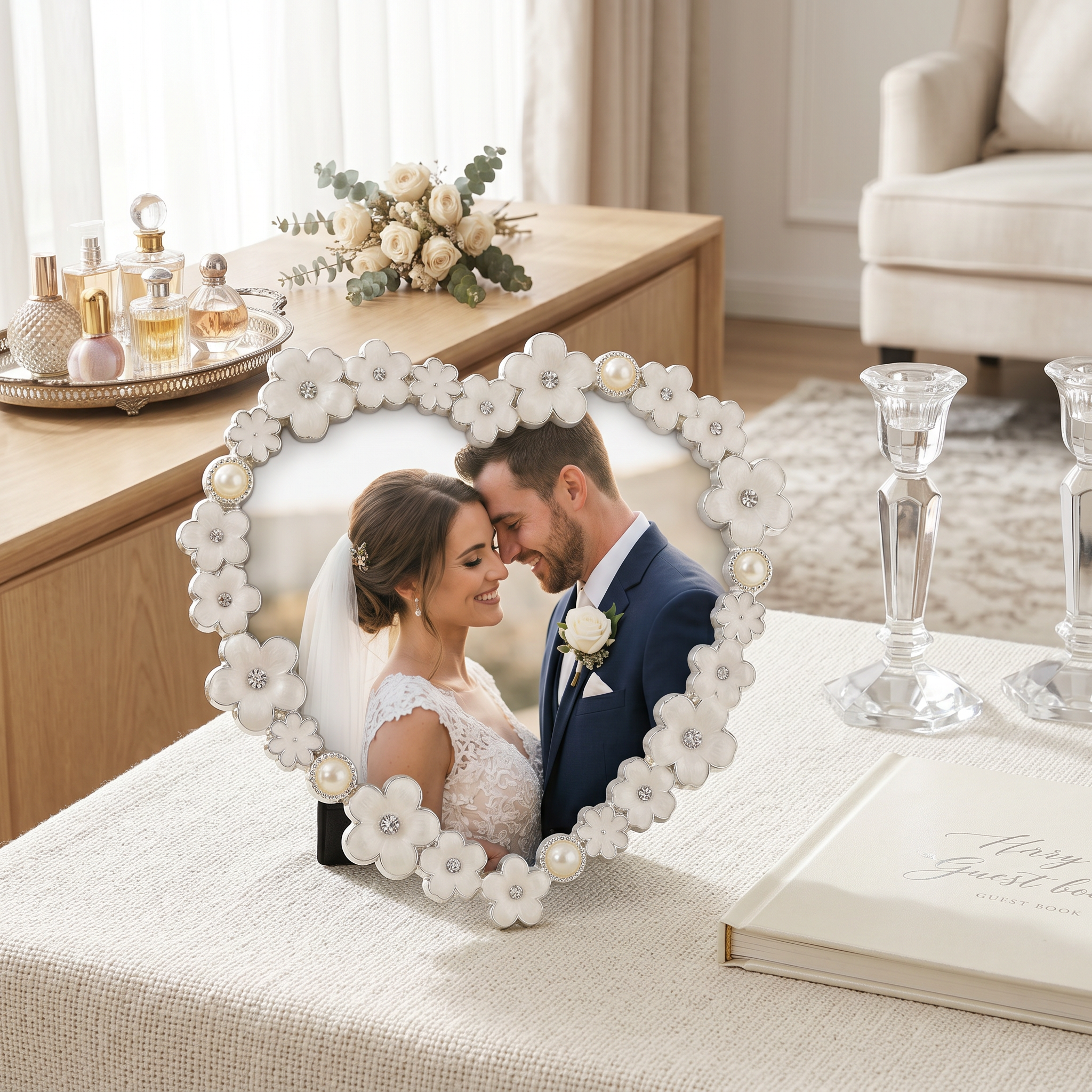 Pearl White Daisy Heart Photo Frame for Anniversaries Wedding and Valentines photo frame ukgiftstoreonline