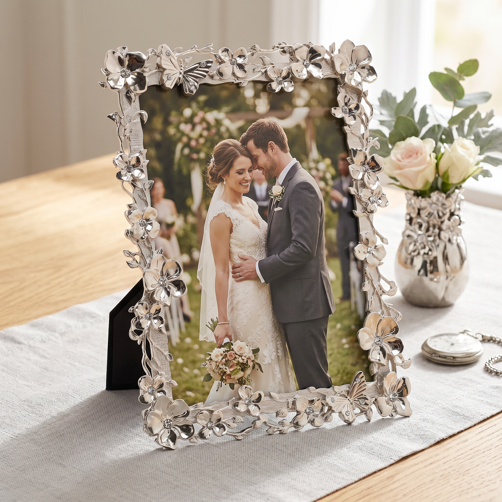 Flower and Butterfly Nickel Plated Photo Frame for Anniversaries Wedding and Valentines photo frame ukgiftstoreonline