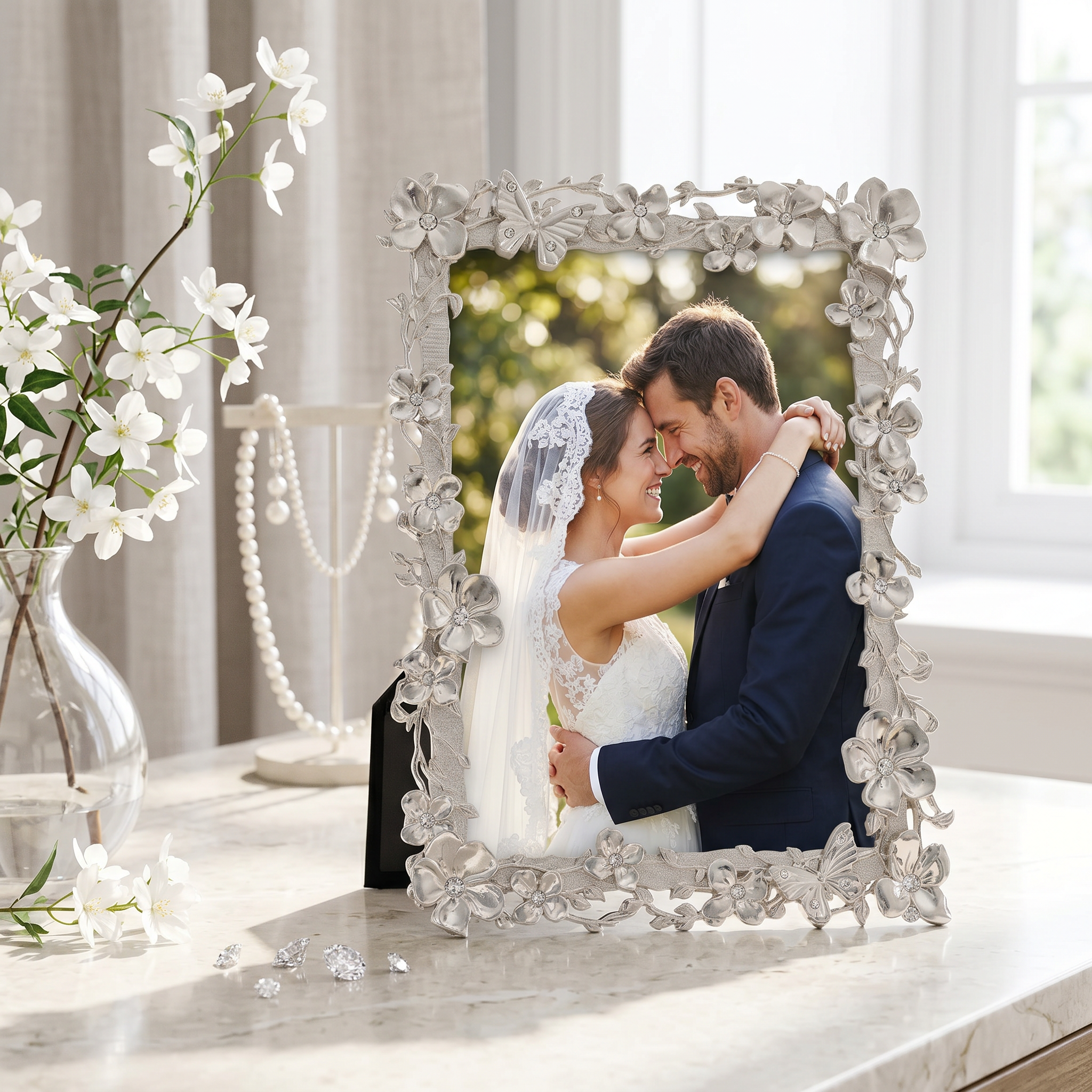 Flower and Butterfly Nickel Plated Photo Frame for Anniversaries Wedding and Valentines photo frame ukgiftstoreonline