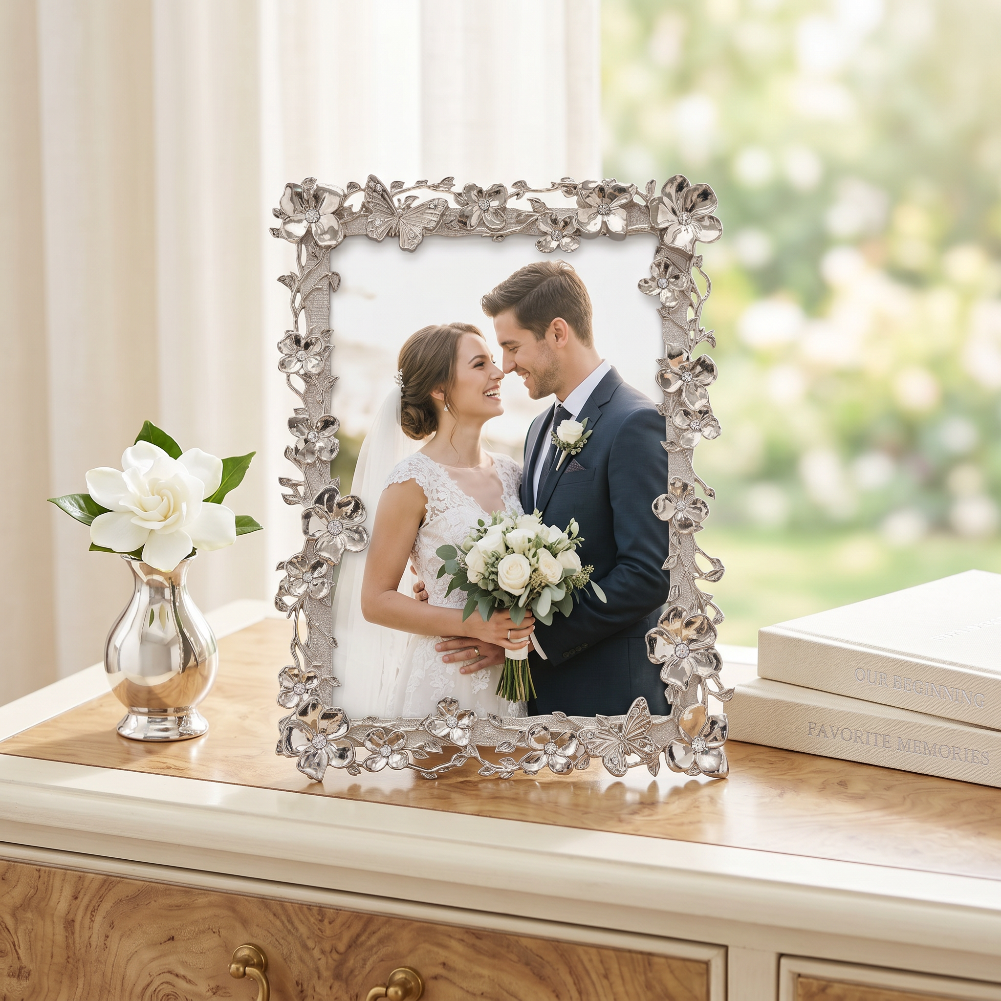 Flower and Butterfly Nickel Plated Photo Frame for Anniversaries Wedding and Valentines photo frame ukgiftstoreonline