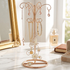 Vintage Style Rose Gold metal jewellery stand, with flowers and butterflies 22.5cm tall