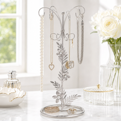 Vintage Style Silver metal jewellery stand, with Daisy flowers 22.5cm tall