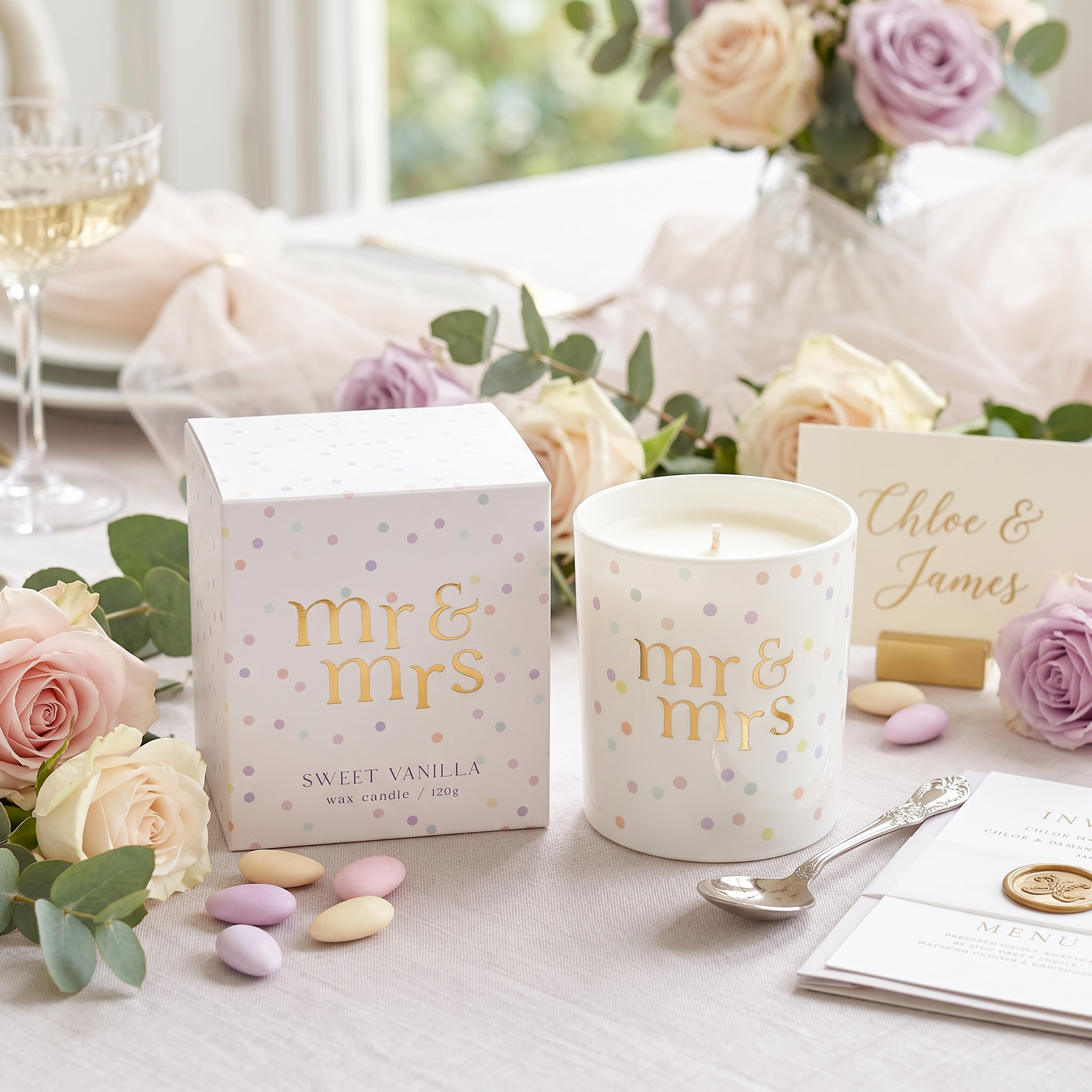 Wedding Gift Candle – Mr and Mrs Boxed Confetti Design Keepsake Candle ukgiftstoreonline