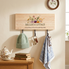 Personalised Solid Wood Key or Coat Hook For New Home, Summer House Floral Design ukgiftstoreonline