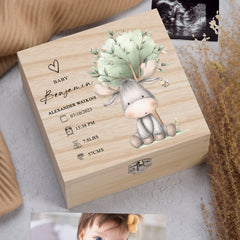 Personalised Wooden Baby Memory Keepsake Box With Furry Cute Boho Animals