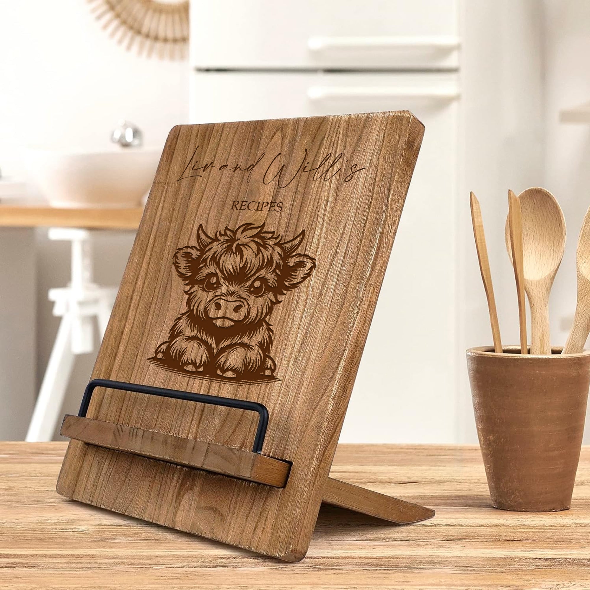 Personalised Any Name Recipe Book Or Tablet Stand For Kitchen Gift Featuring a Highland Cow recipe book holder ukgiftstoreonline