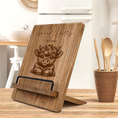 Personalised Any Name Recipe Book Or Tablet Stand For Kitchen Gift Featuring a Highland Cow recipe book holder ukgiftstoreonline