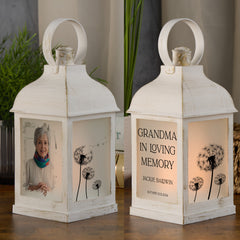 Personalised Memorial Photo Upload Lantern, Memorial Candle, Grandma Loving Memory With Dandelions