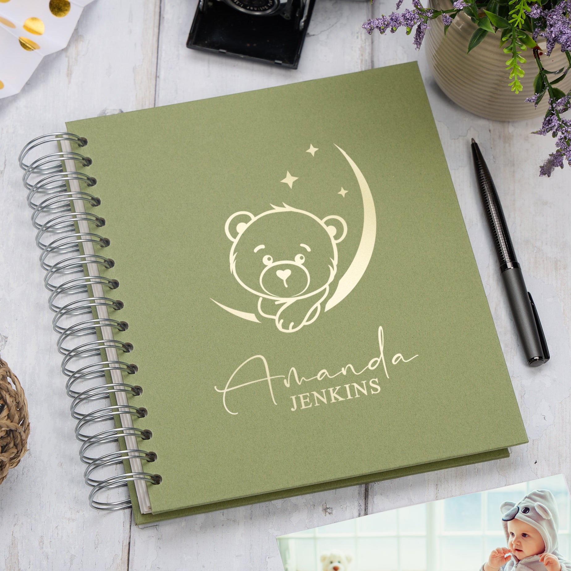 Personalised Large Baby Photo Album Memory Keepsake With Teddy Photo Album ukgiftstoreonline Olive 4x6 Inch Album