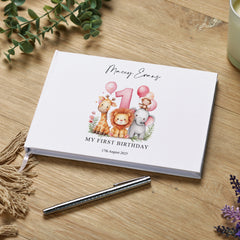 Personalised 1st Birthday Guest Book With Safari Animals Guest Book ukgiftstoreonline Pink